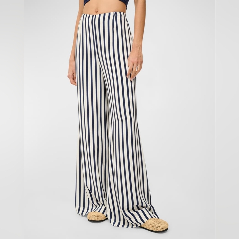 Striped Wide-Leg Pants - Navy and White